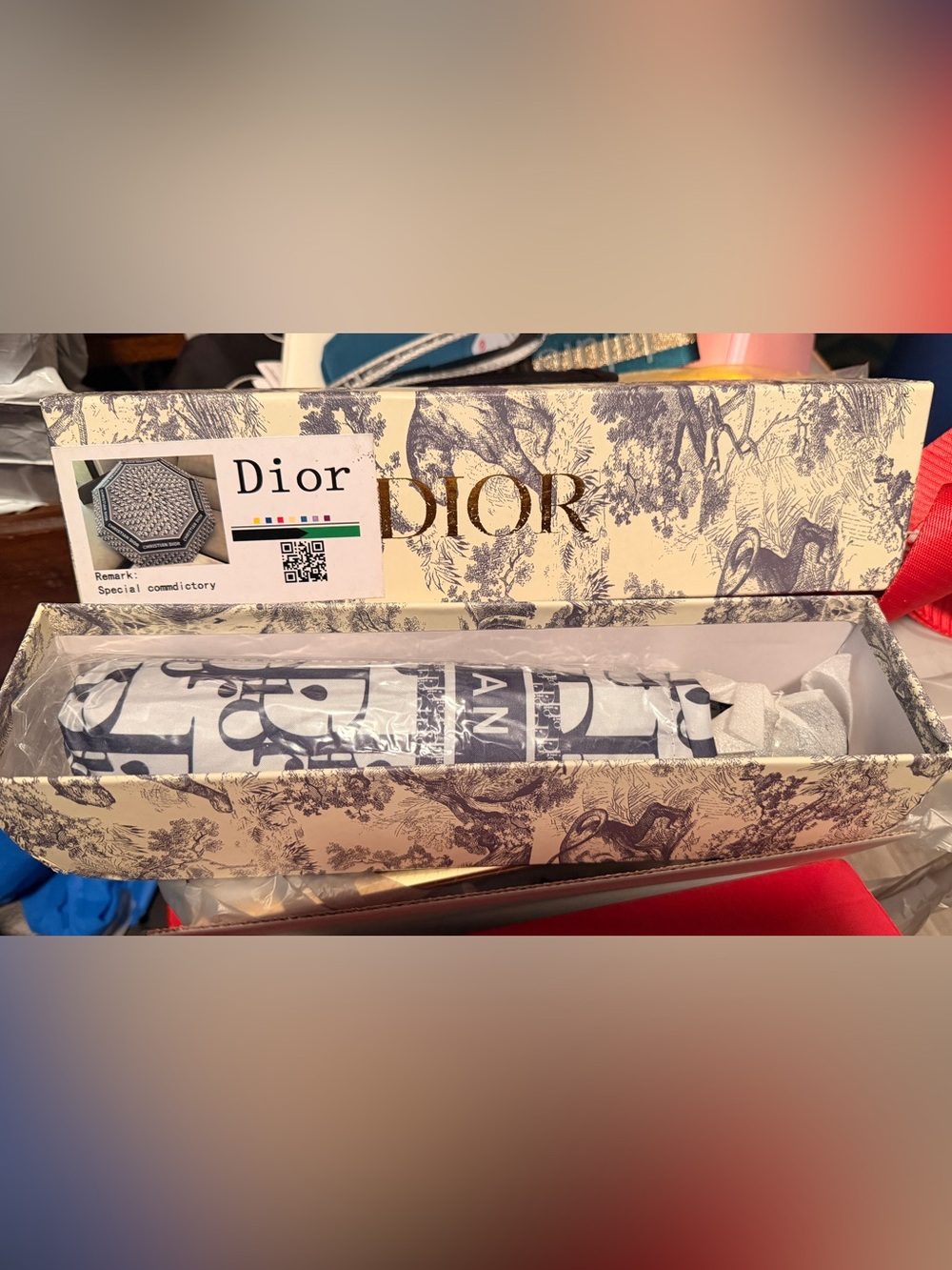 Monogram Dior White and Blue Folding Umbrella in Branded Toile Box